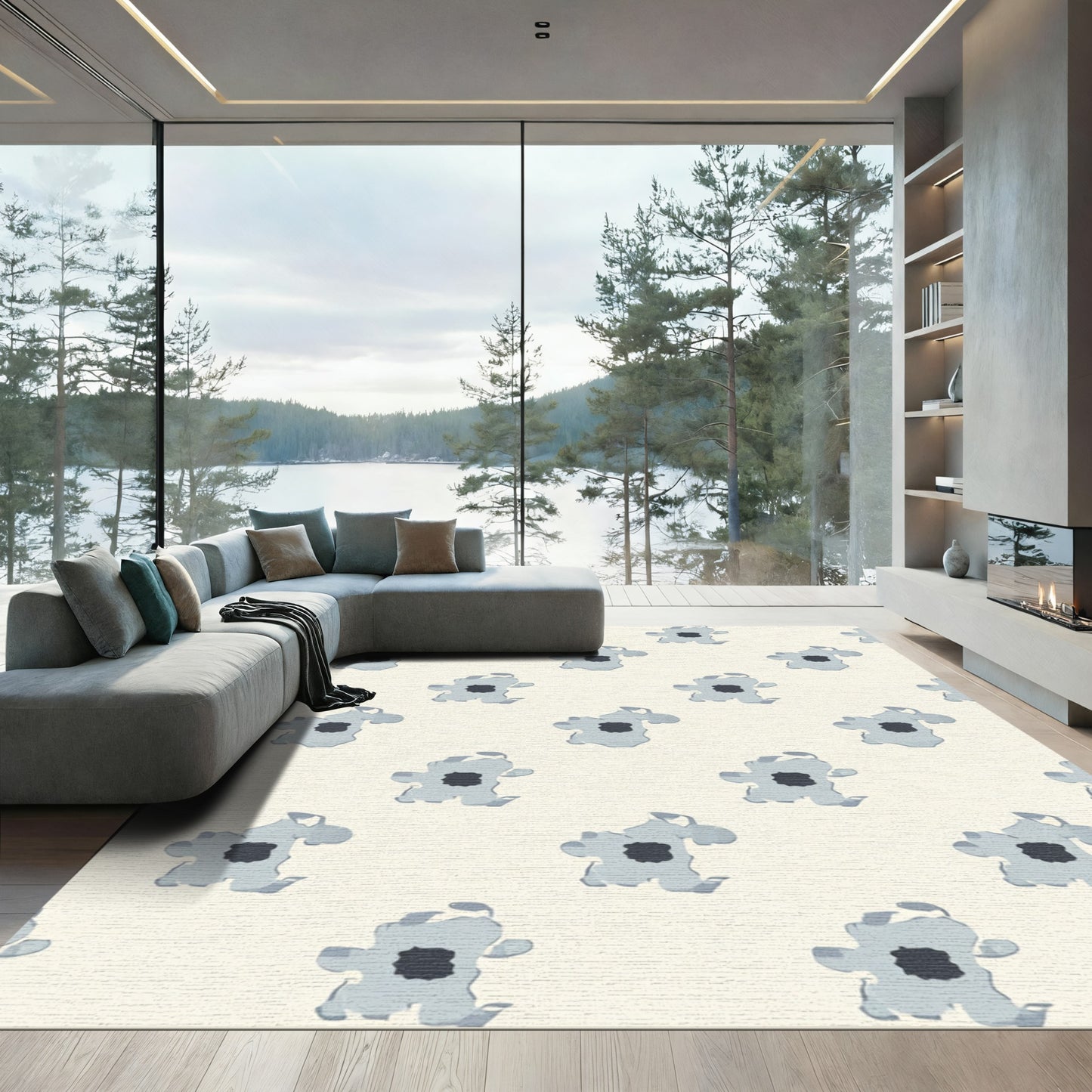 Pale Gray Abstract Blob Pattern Rug