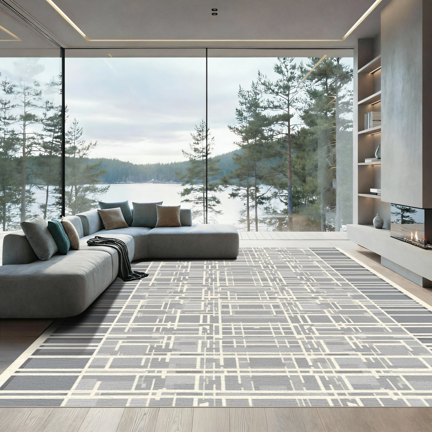 Modern Gray Geometric Lattice Rug