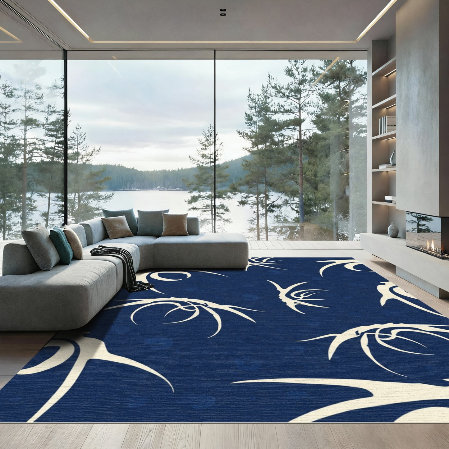 Navy Cream Abstract Organic Swirl Rug