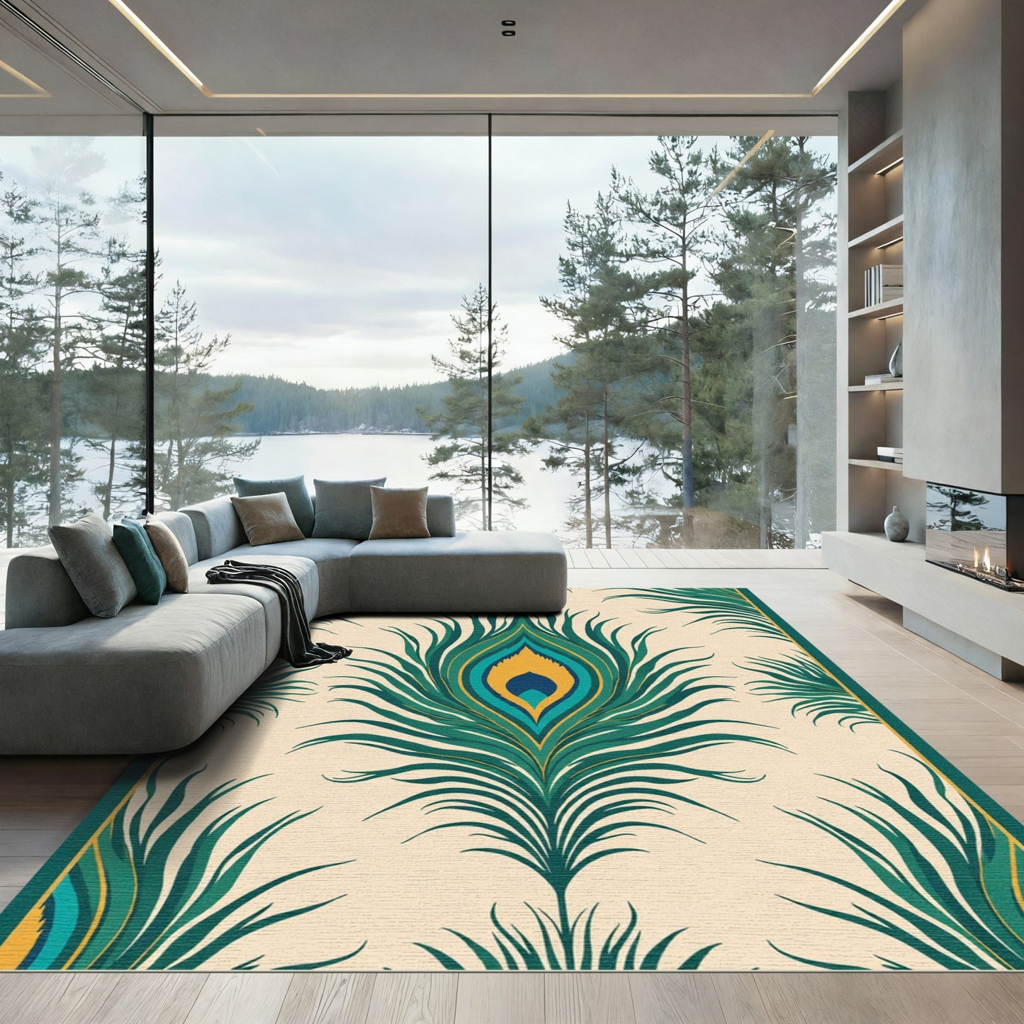 Veridian Peacock Feather Art Deco Rug