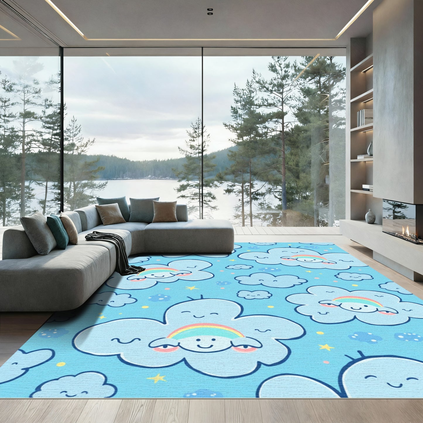 Cheerful blue clouds rainbow stars Rug