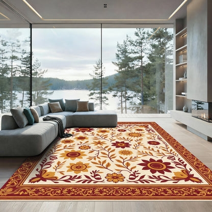 Rustic Scarlet Golden Floral Sunburst Rug