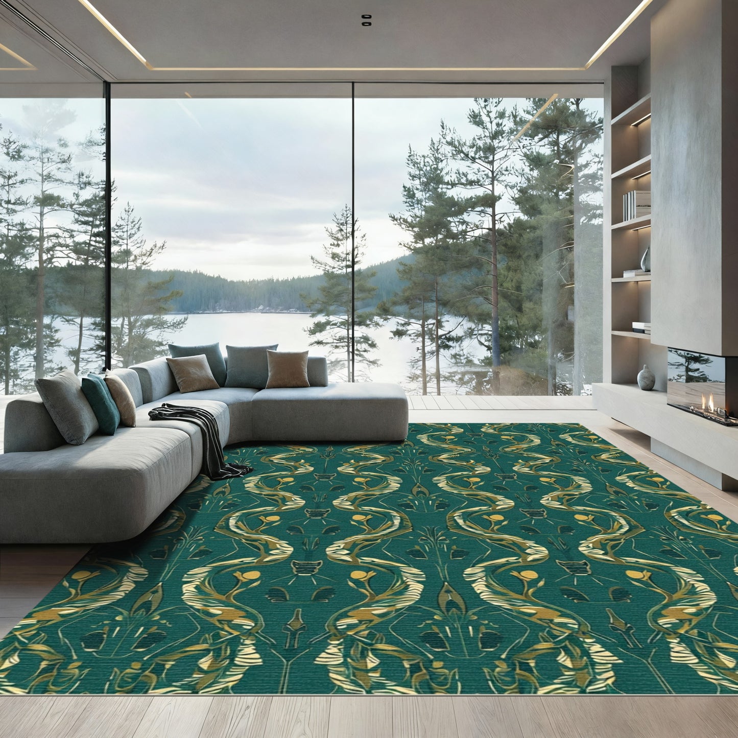 Emerald Swirl Gold Botanical Art Nouveau Rug
