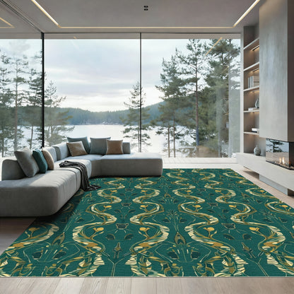 Emerald Swirl Gold Botanical Art Nouveau Rug