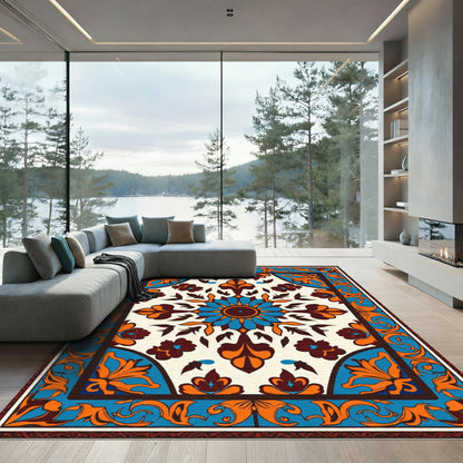 Vibrant Blue Orange Floral Mandala Rug