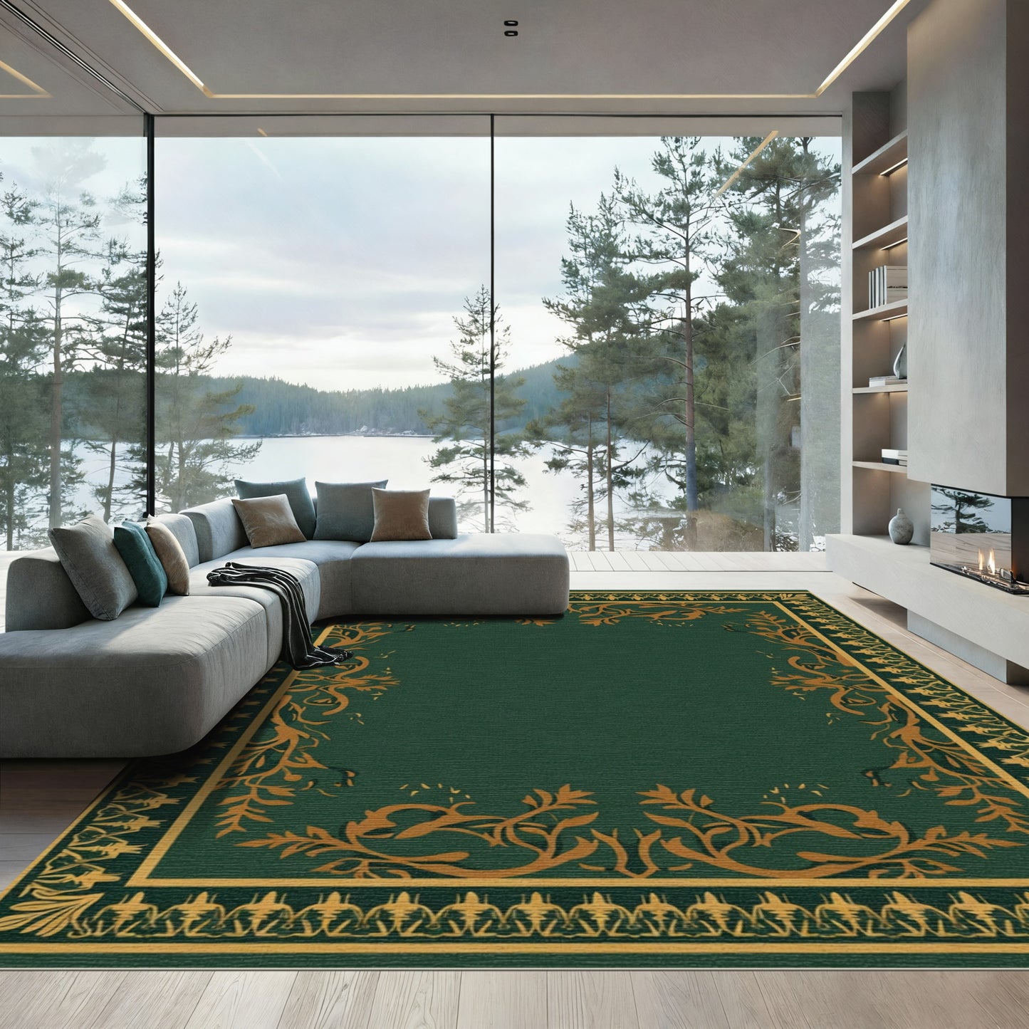Ornate Gold Green Floral Border Rug