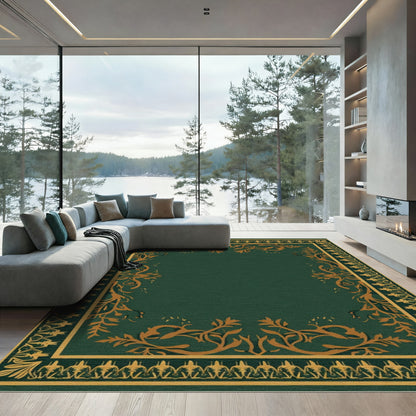 Ornate Gold Green Floral Border Rug