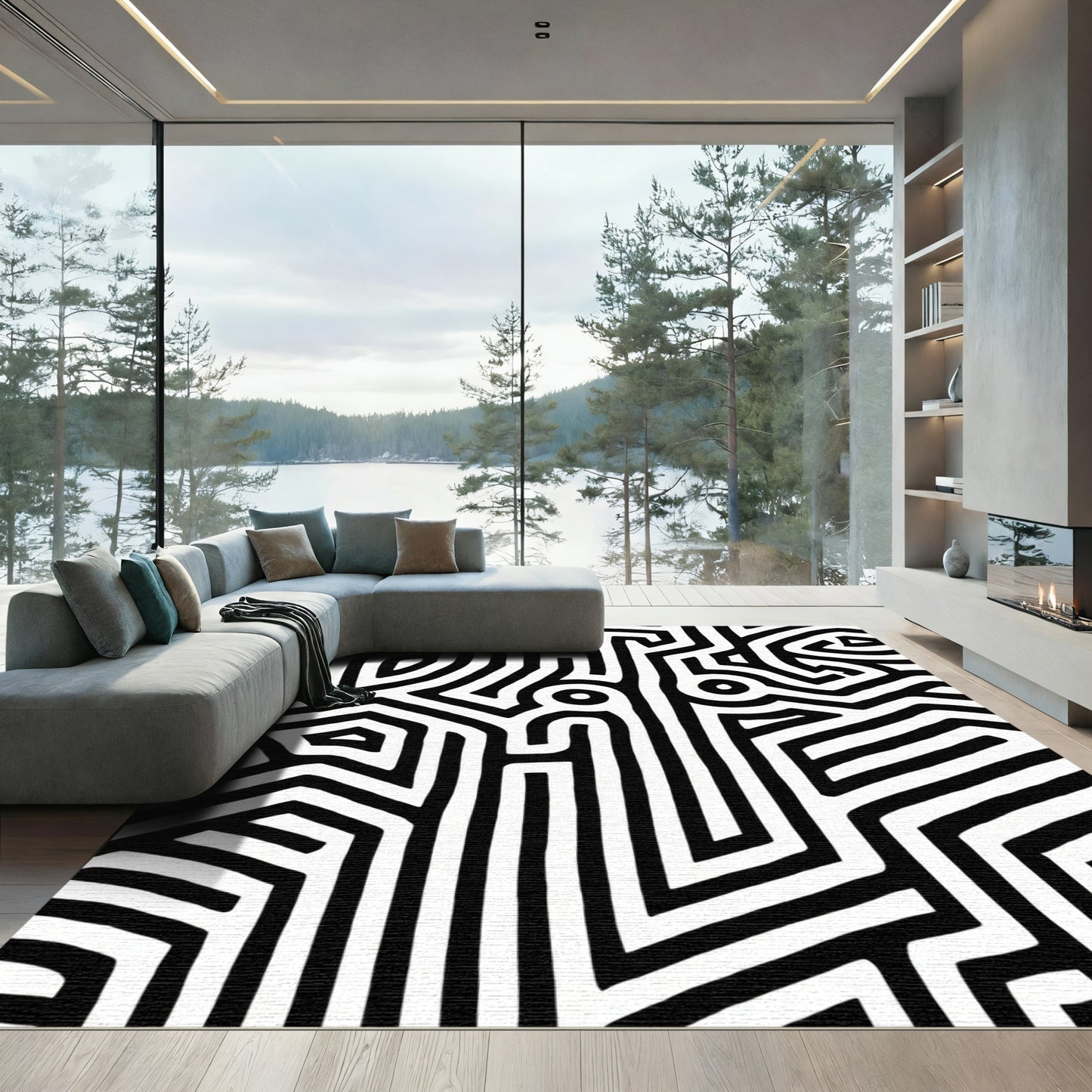 Abstract Black White Maze Rug