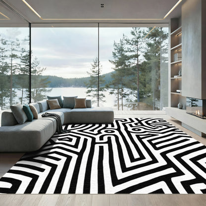 Abstract Black White Maze Rug