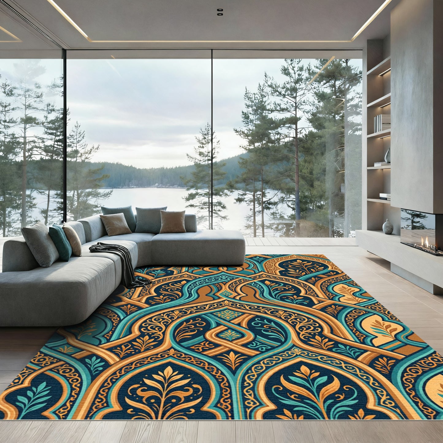 Teal Gold Arabesque Garden Arch Rug