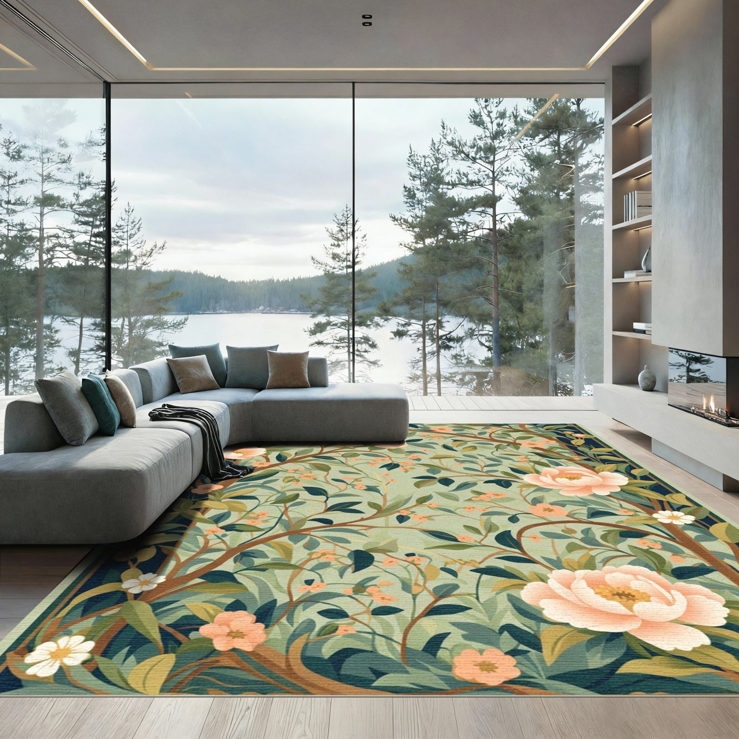 Coral Peony Floral Branch Garden Art Rug