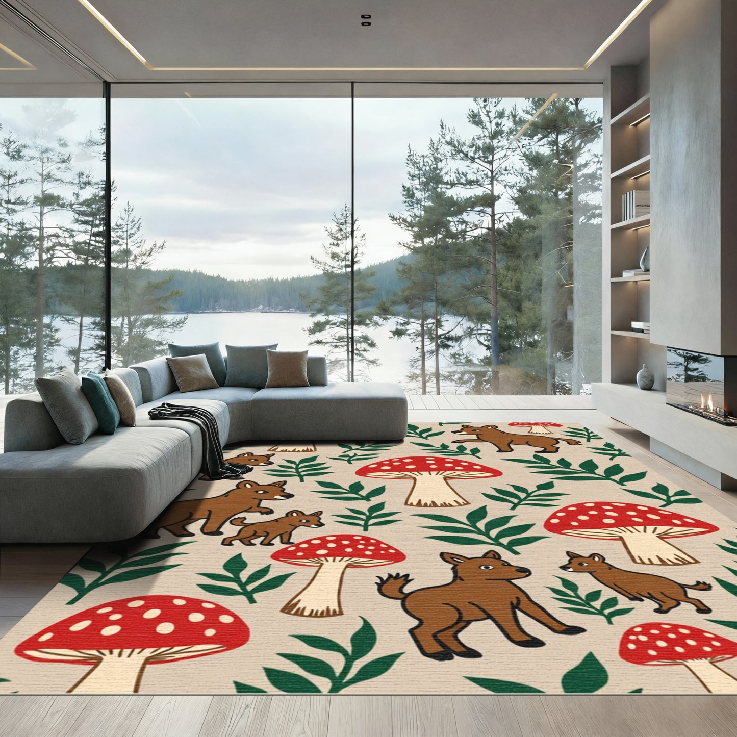 Woodland Foxes Red Mushroom Gathering Rug