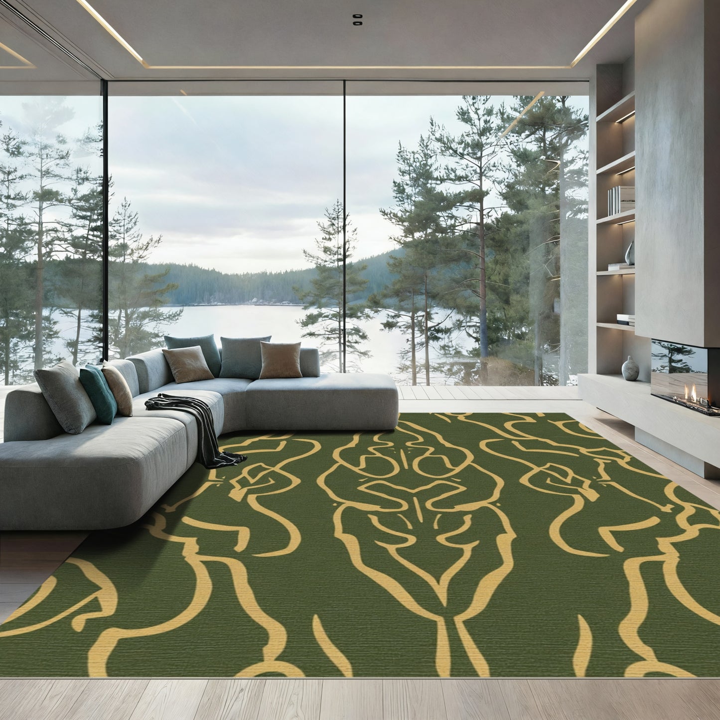 Olive Gold Art Nouveau Swirl Rug