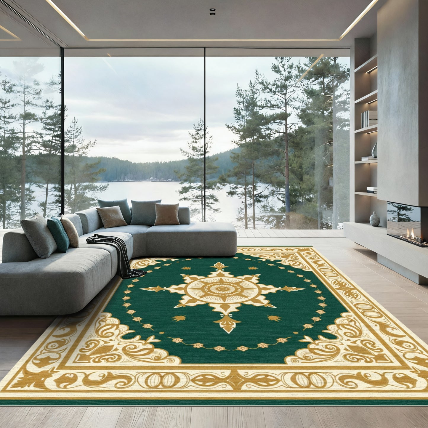 Deep Emerald Golden Medallion Ornamental Rug