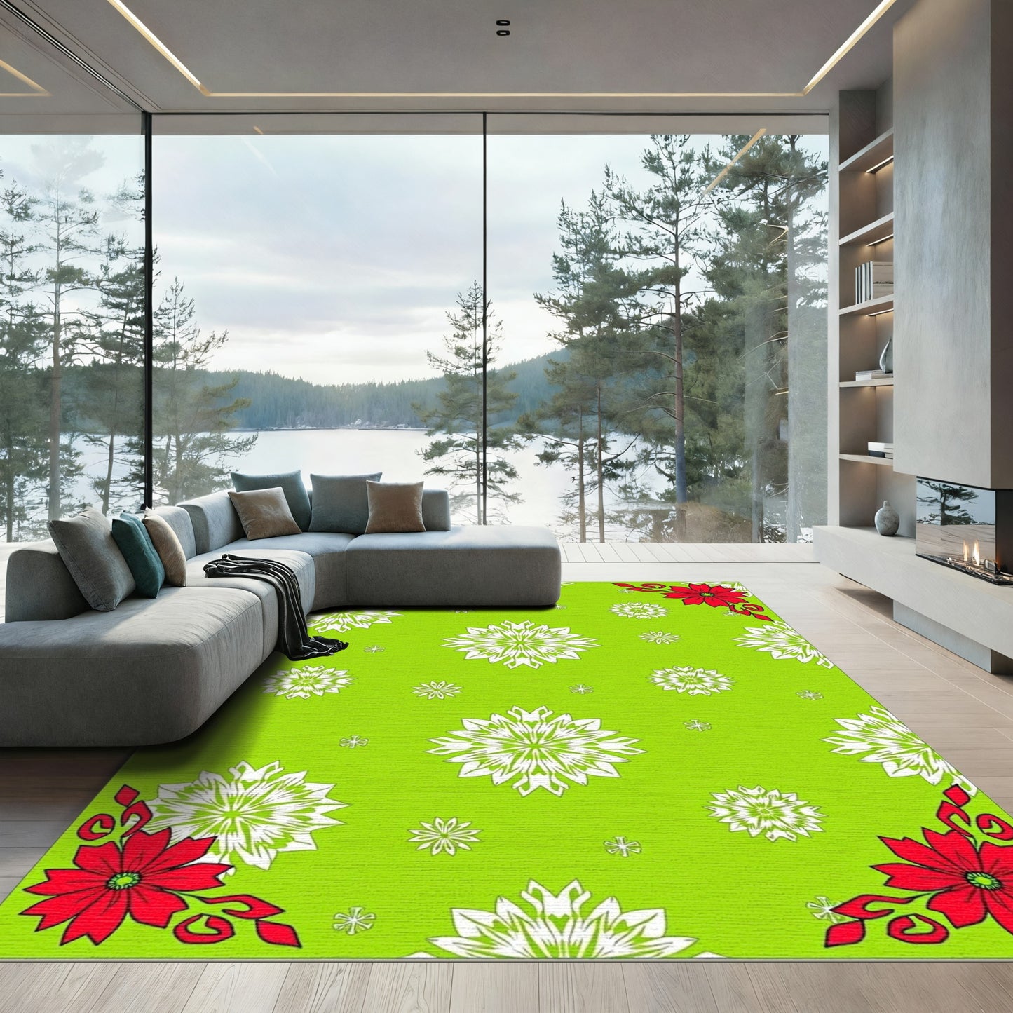 Bright Green Red White Floral Snowflakes Rug