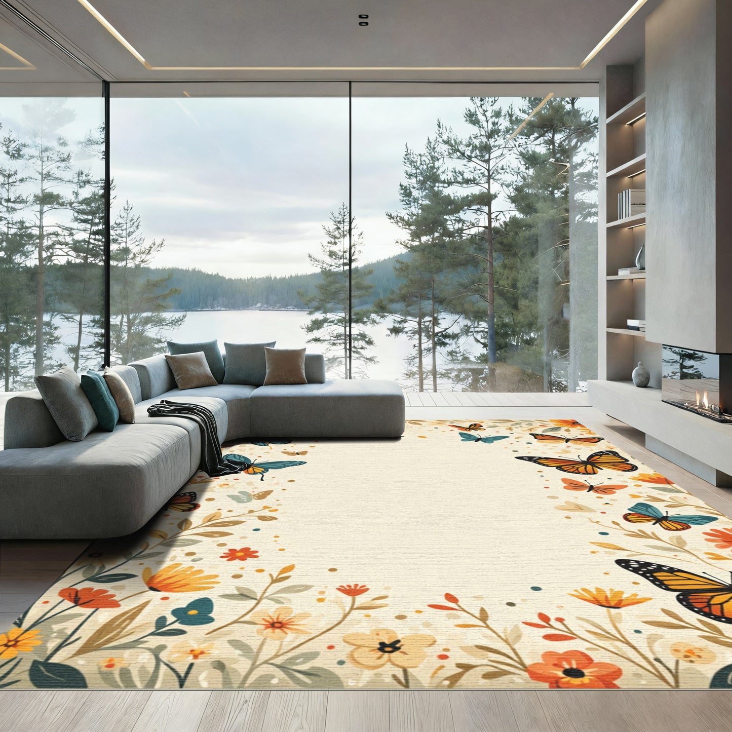 Orange Teal Butterfly Floral Border Rug