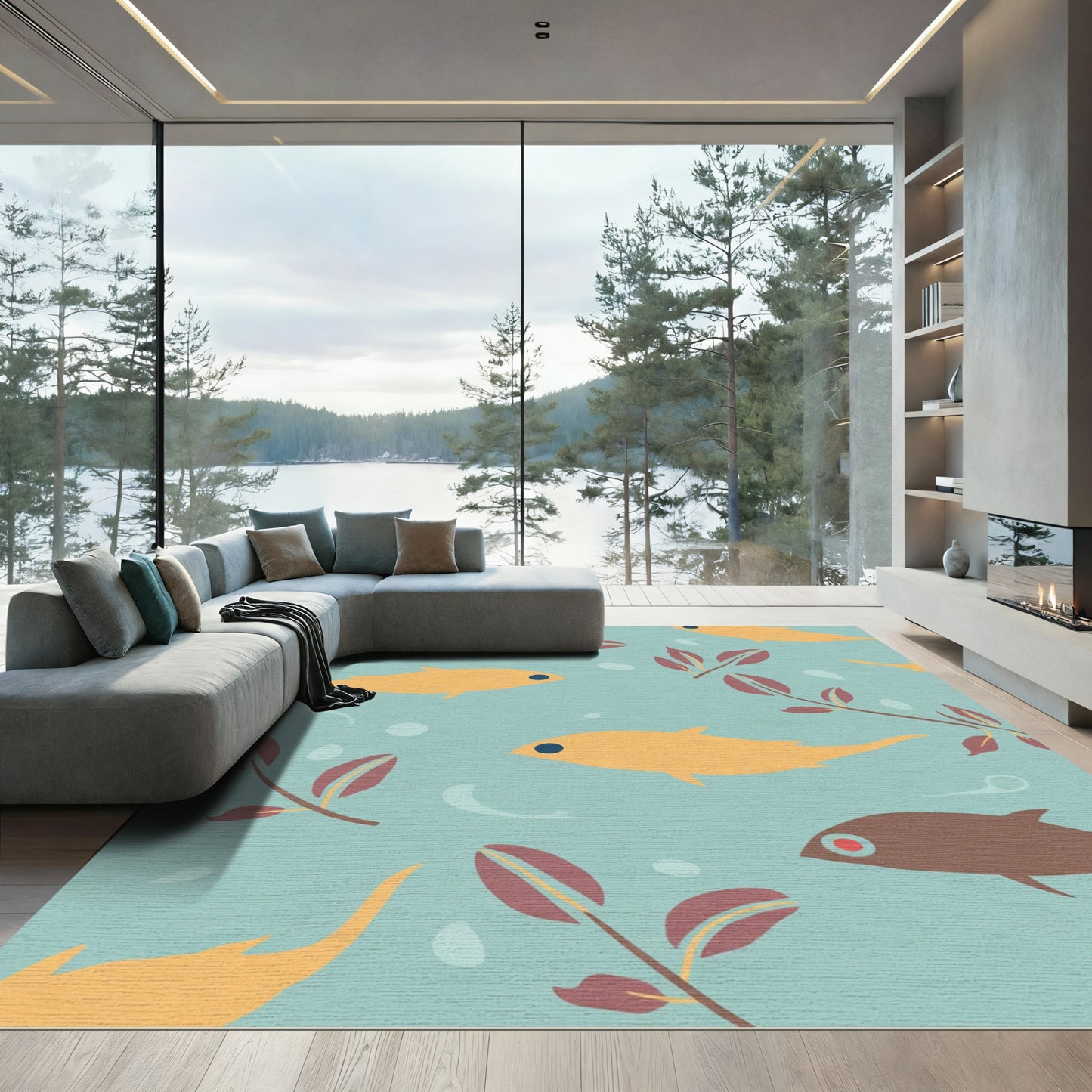 Golden Fish Underwater Botanical Scene Rug