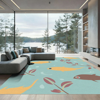 Golden Fish Underwater Botanical Scene Rug