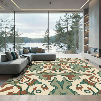 Antique Amber Green Scroll Motif Rug