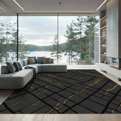 Dark Grey Golden Intersecting Lines Rug