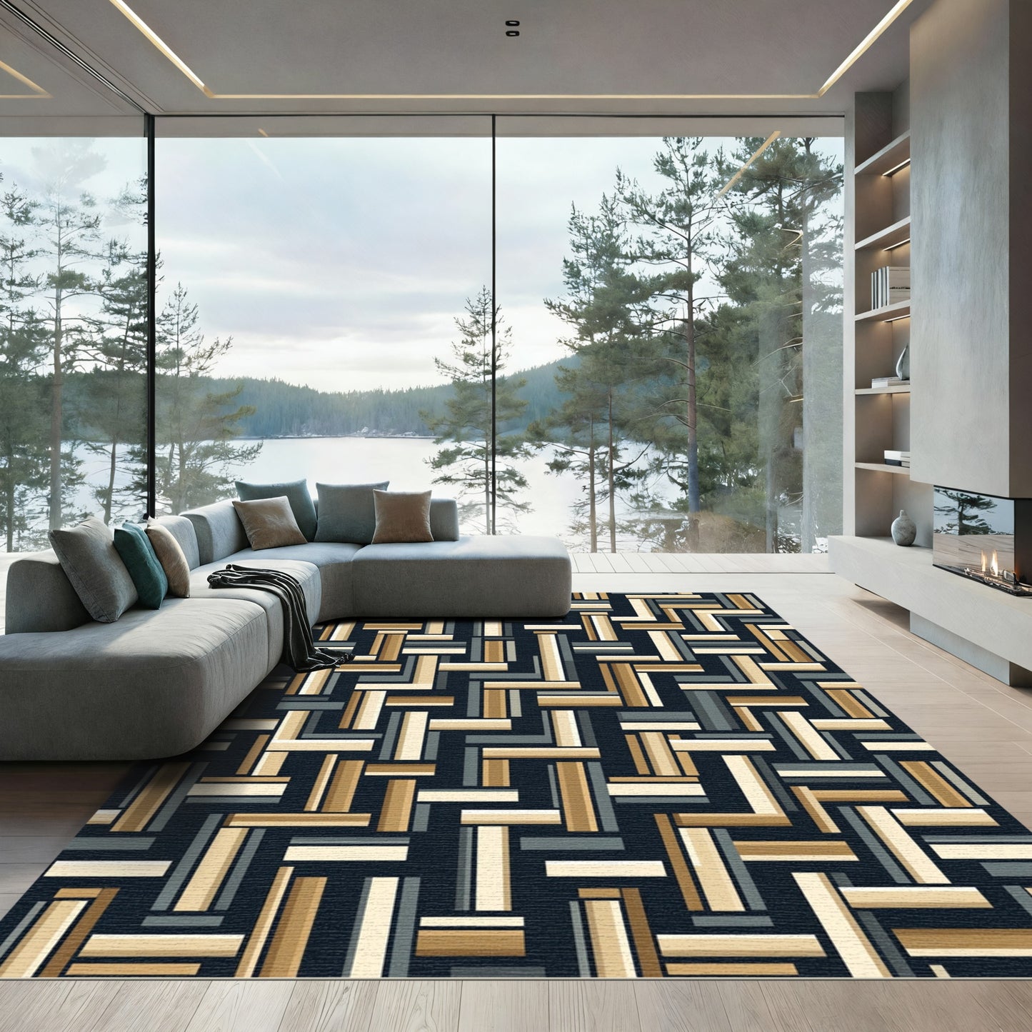 Tan Charcoal White Interlocking Rectangle Art Rug