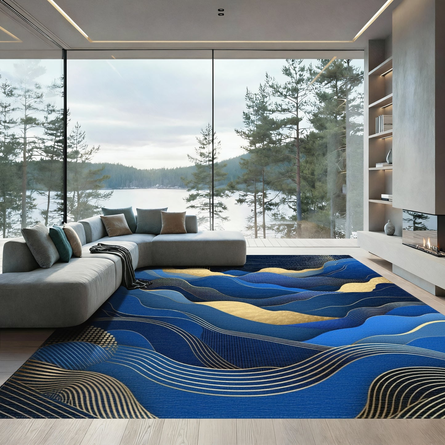 Abstract Blue Gold Wavy Mountains Rug
