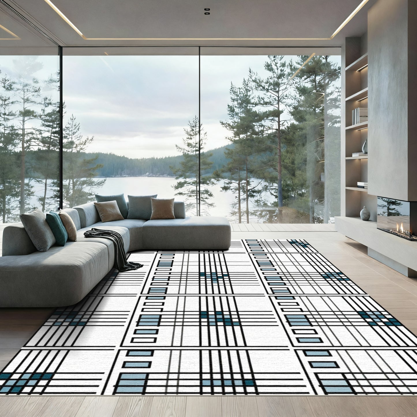 Teal Blue Plaid Crossing Lines Rug