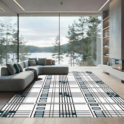 Teal Blue Plaid Crossing Lines Rug