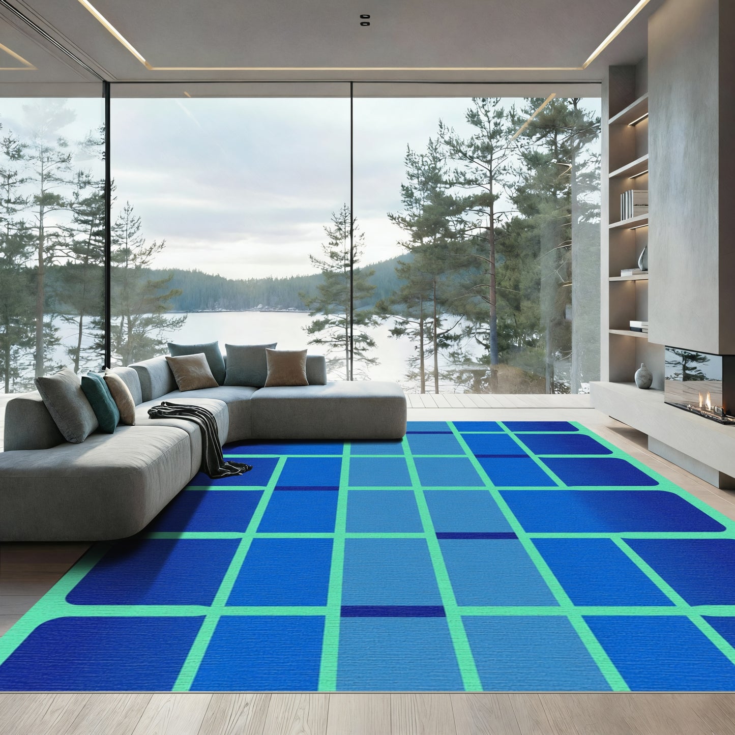 Teal Grid Blue Gradient Rectangles Rug