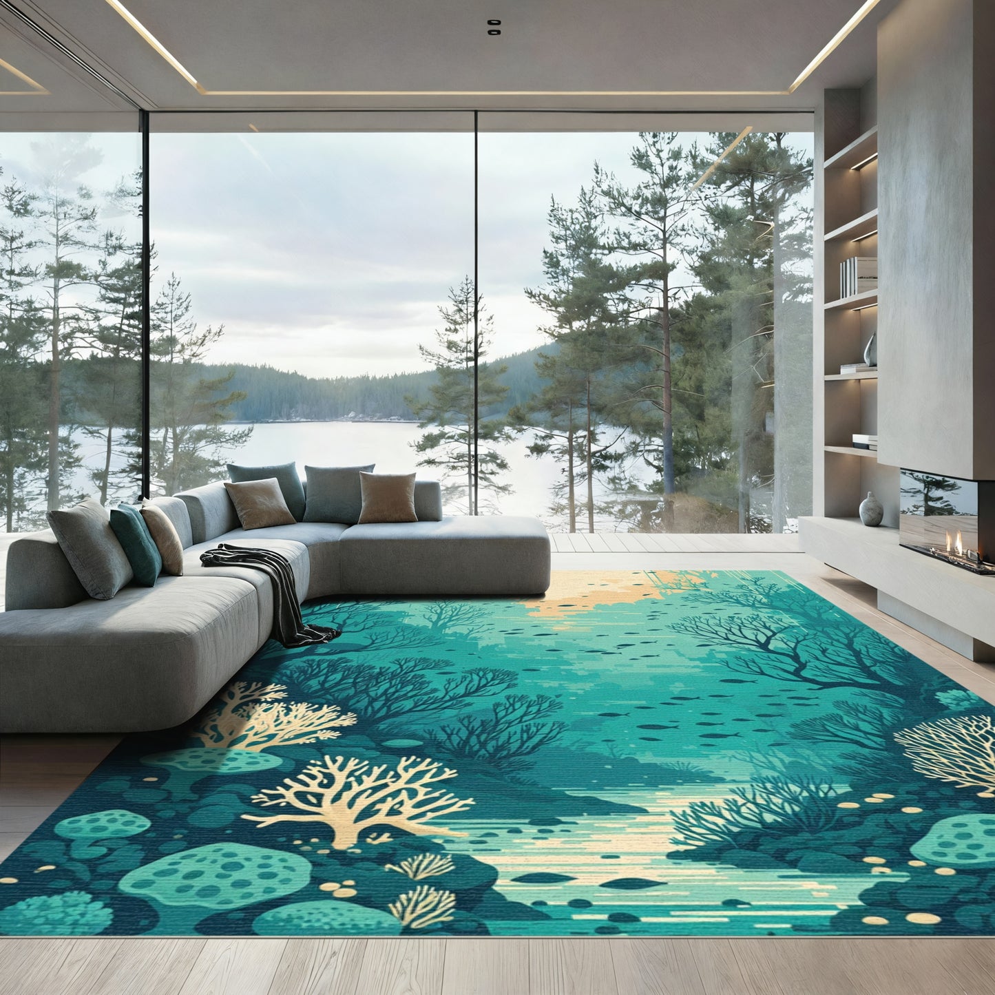 Teal Underwater Coral Reef Scene Rug