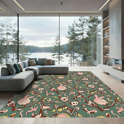 Whimsical Pink Bunny Garden Scene Rug