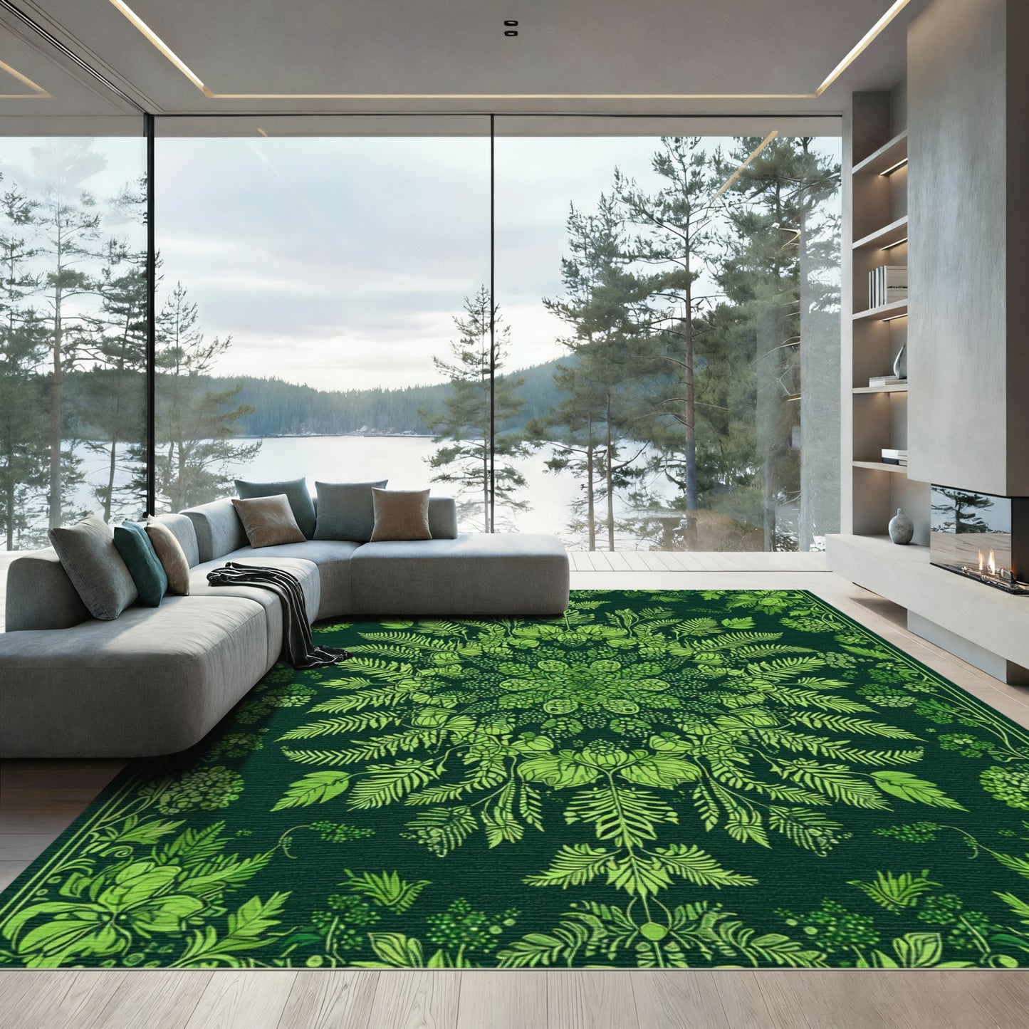 Lush Emerald Green Botanical Mandala Rug