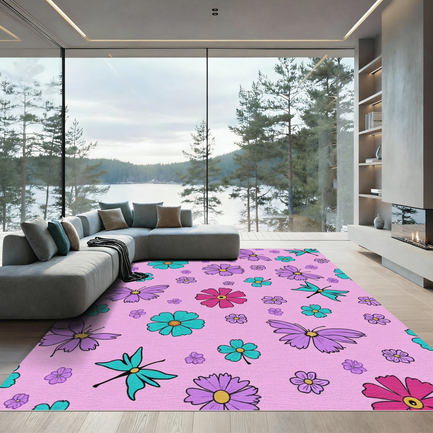 Vibrant Pink Purple Teal Floral Butterflies Rug