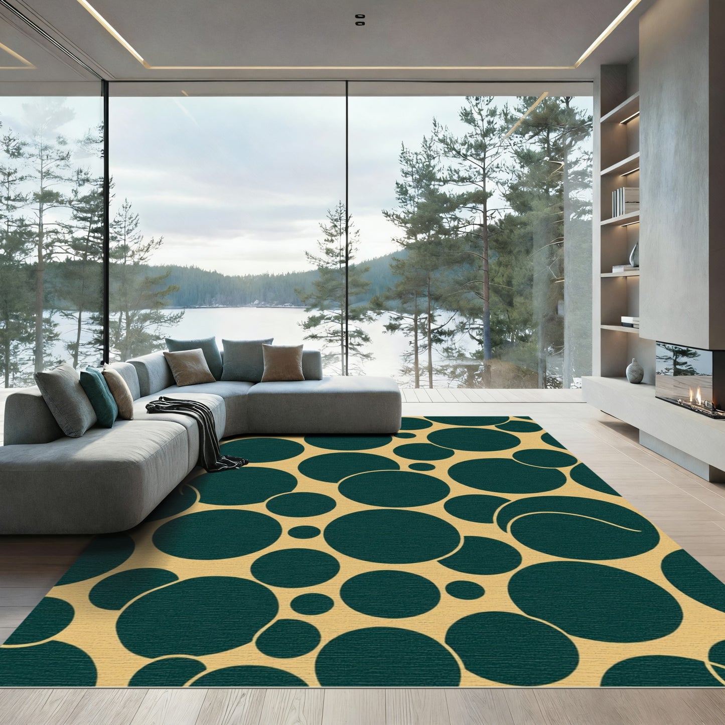 Deep Teal Circles Gold Abstract Rug