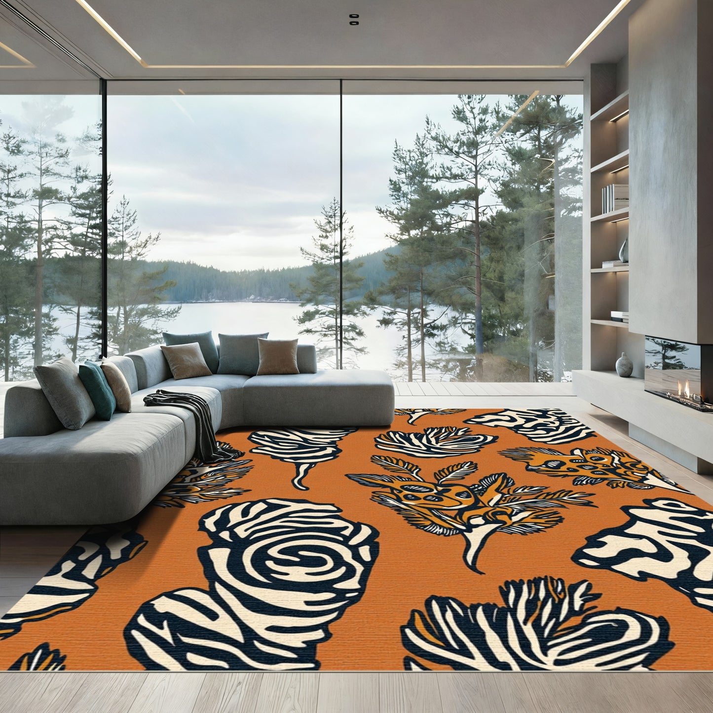 Bold Orange Abstract Botanical Stripe Rug