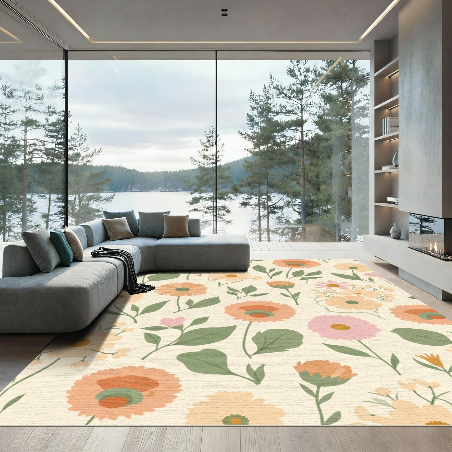 Whimsical Peach Floral Garden Rug