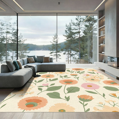 Whimsical Peach Floral Garden Rug