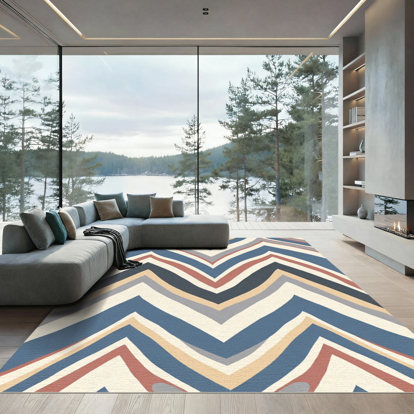 Navy Teal Tan Terracotta Chevron Stripes Rug