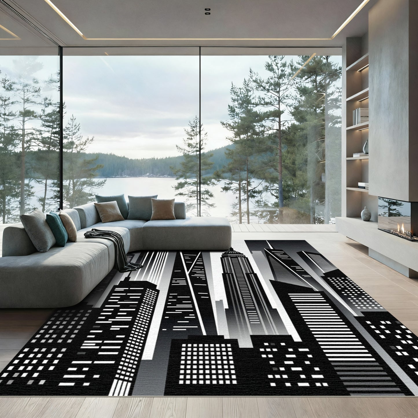Modern Monochrome Cityscape Skyline Rug