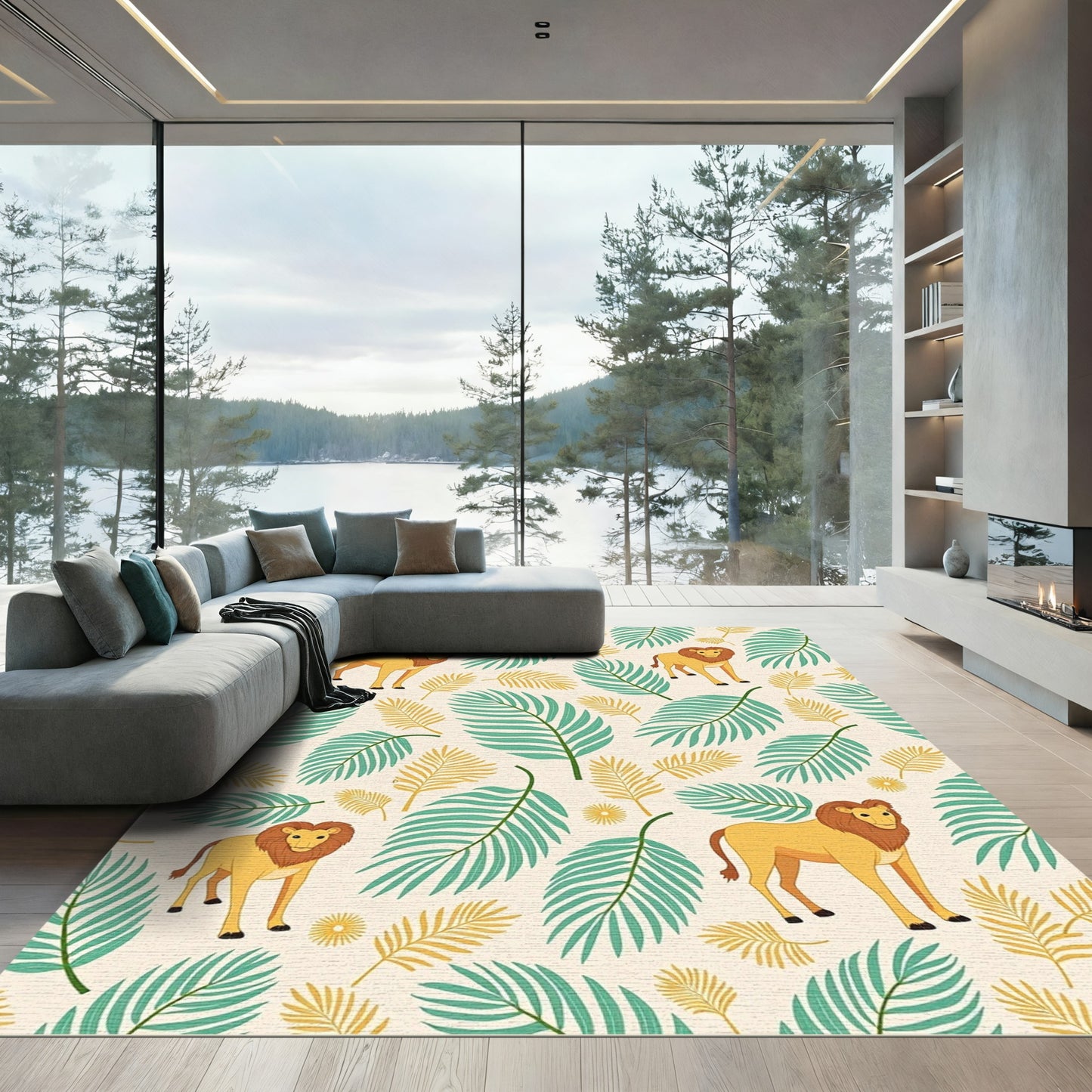 Golden Lion Green Jungle Leaves Rug