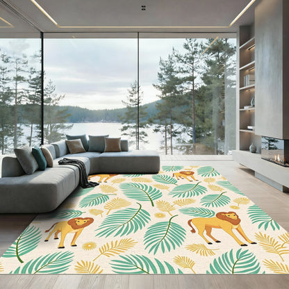 Golden Lion Green Jungle Leaves Rug