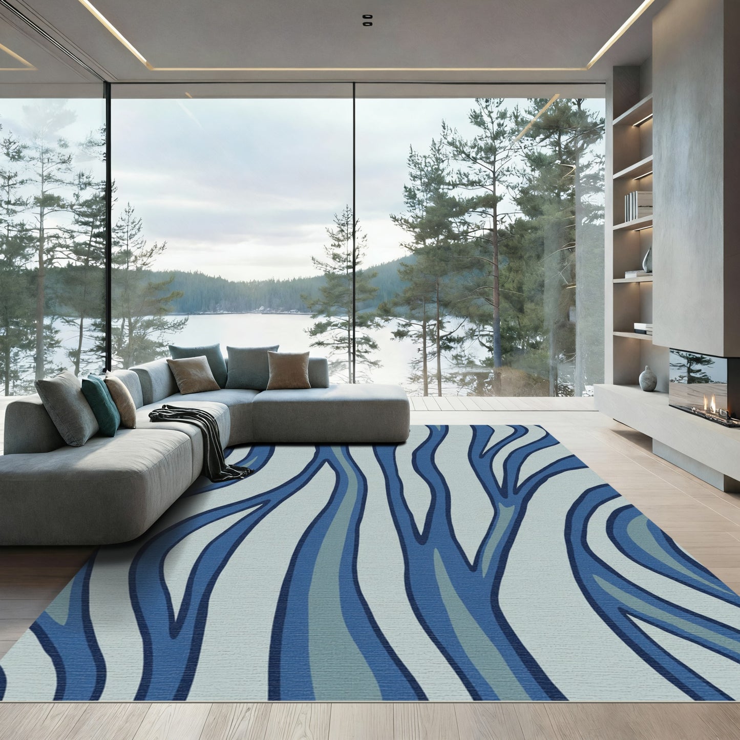Coastal Blue Wood Grain Waves Rug