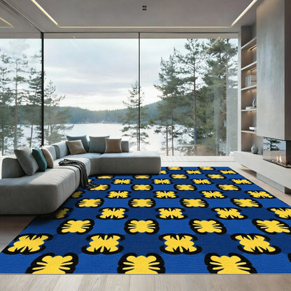 Bold Yellow Floral Blue Grid Rug