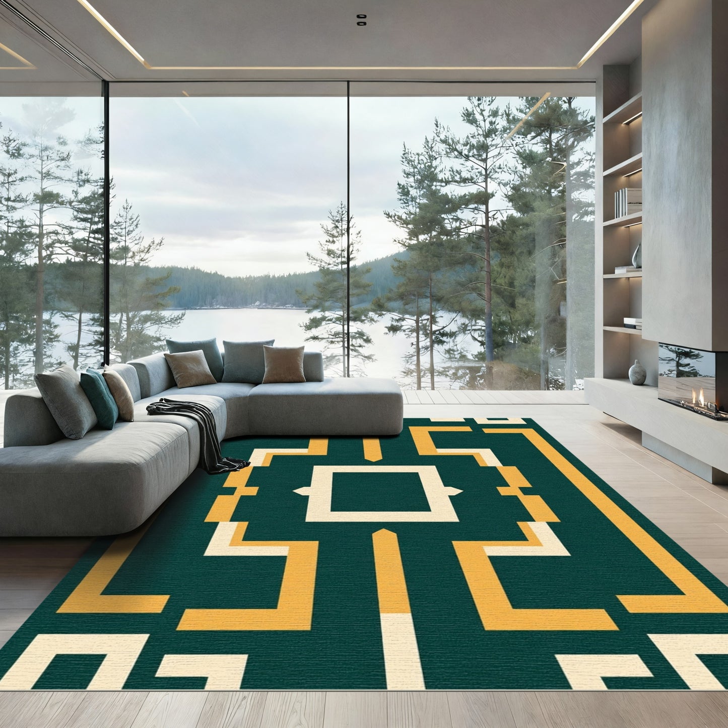 Emerald Yellow Abstract Geometric Squares Rug