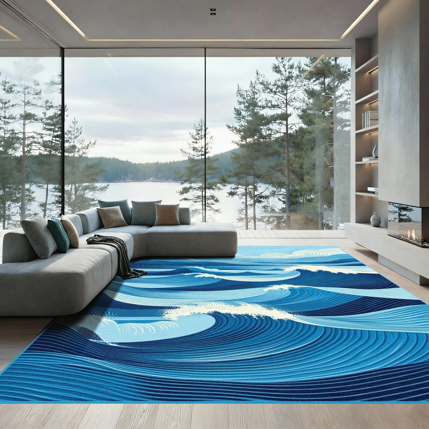 Blue Contoured Waves Clouds Rug