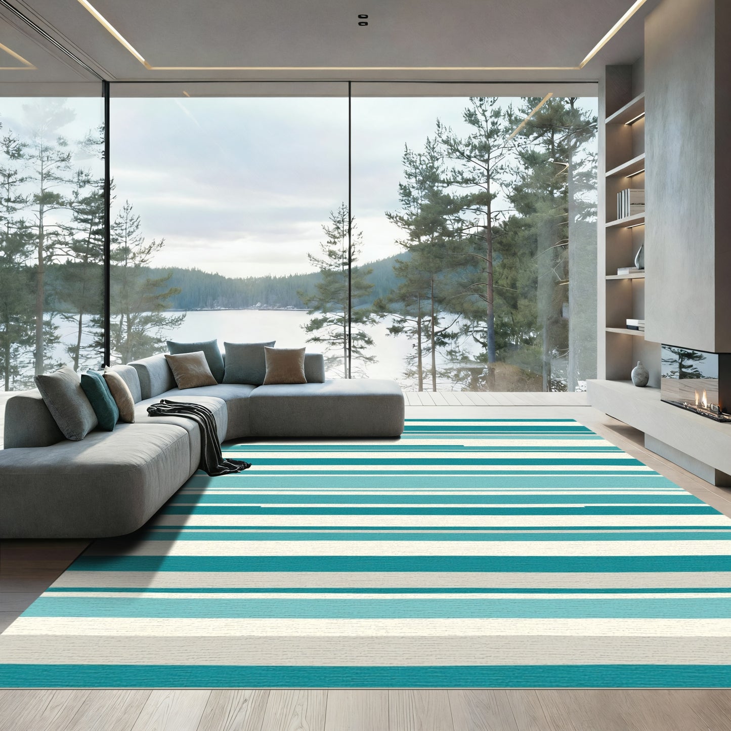 Teal And Cream Horizontal Stripe Rug