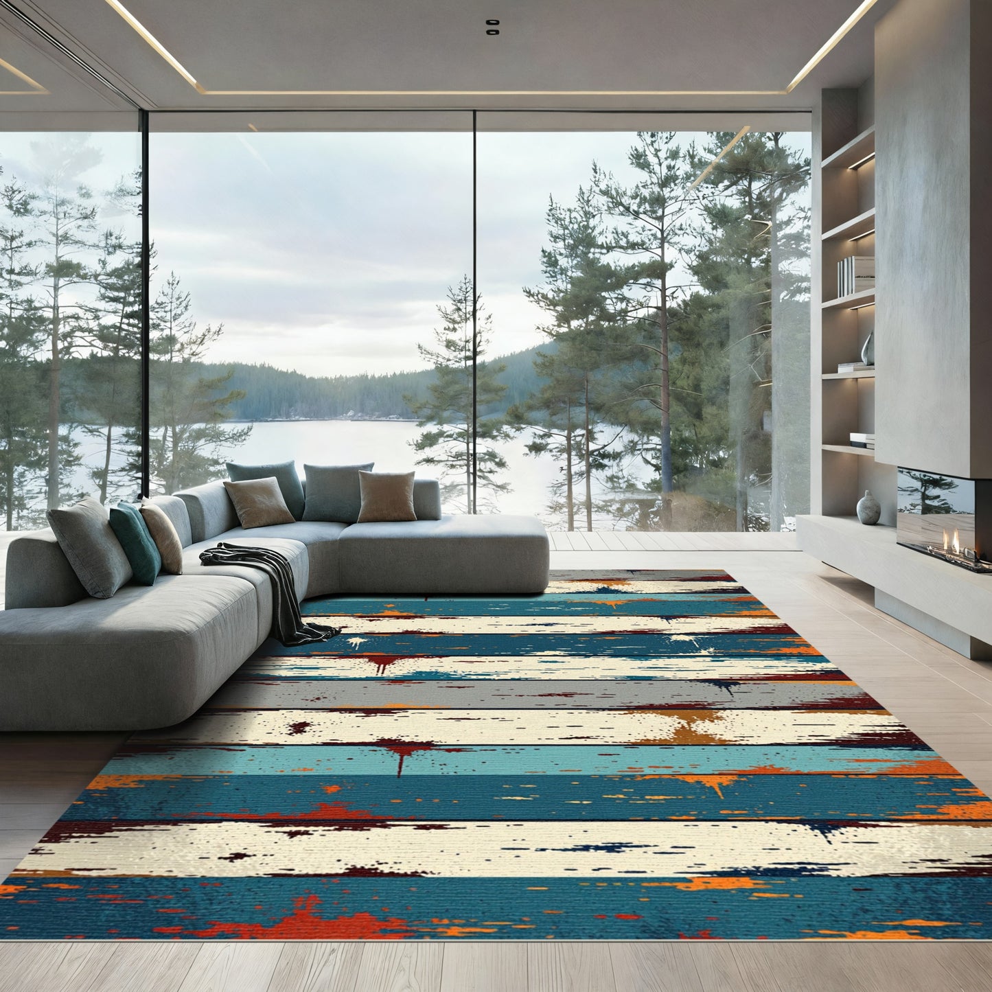 Distressed Wood Grain Splash Accents Rug
