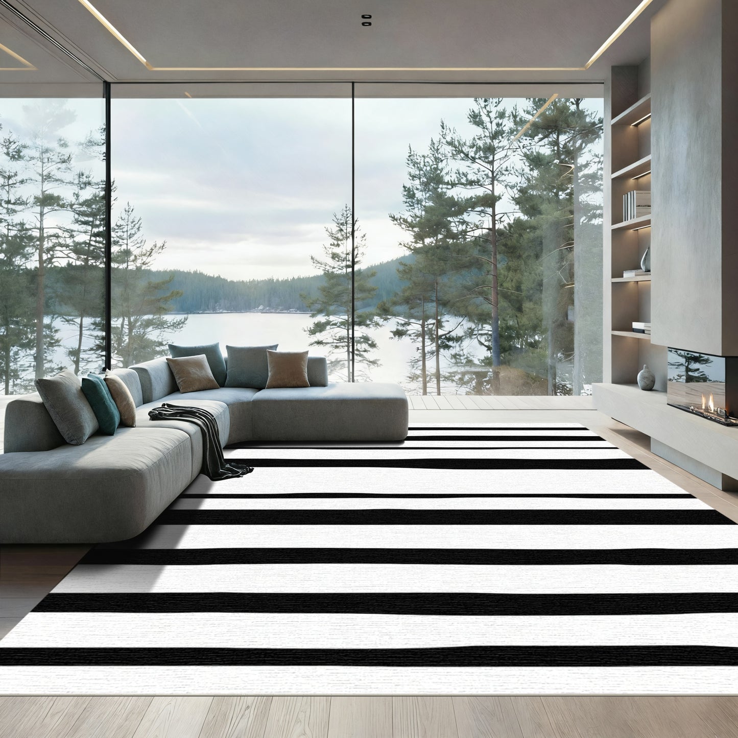 Stripe Black White Contemporary Lines Rug