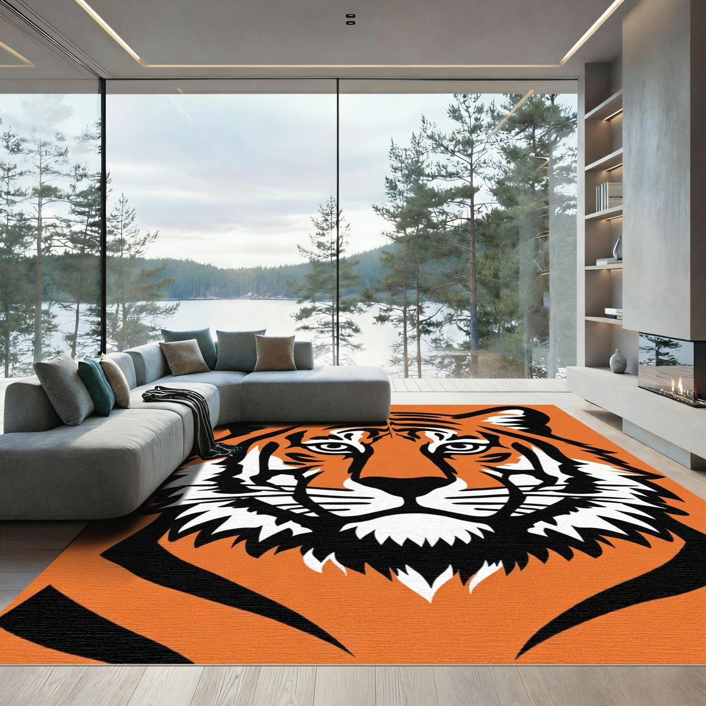 Bold Orange Tiger Face Graphic Rug