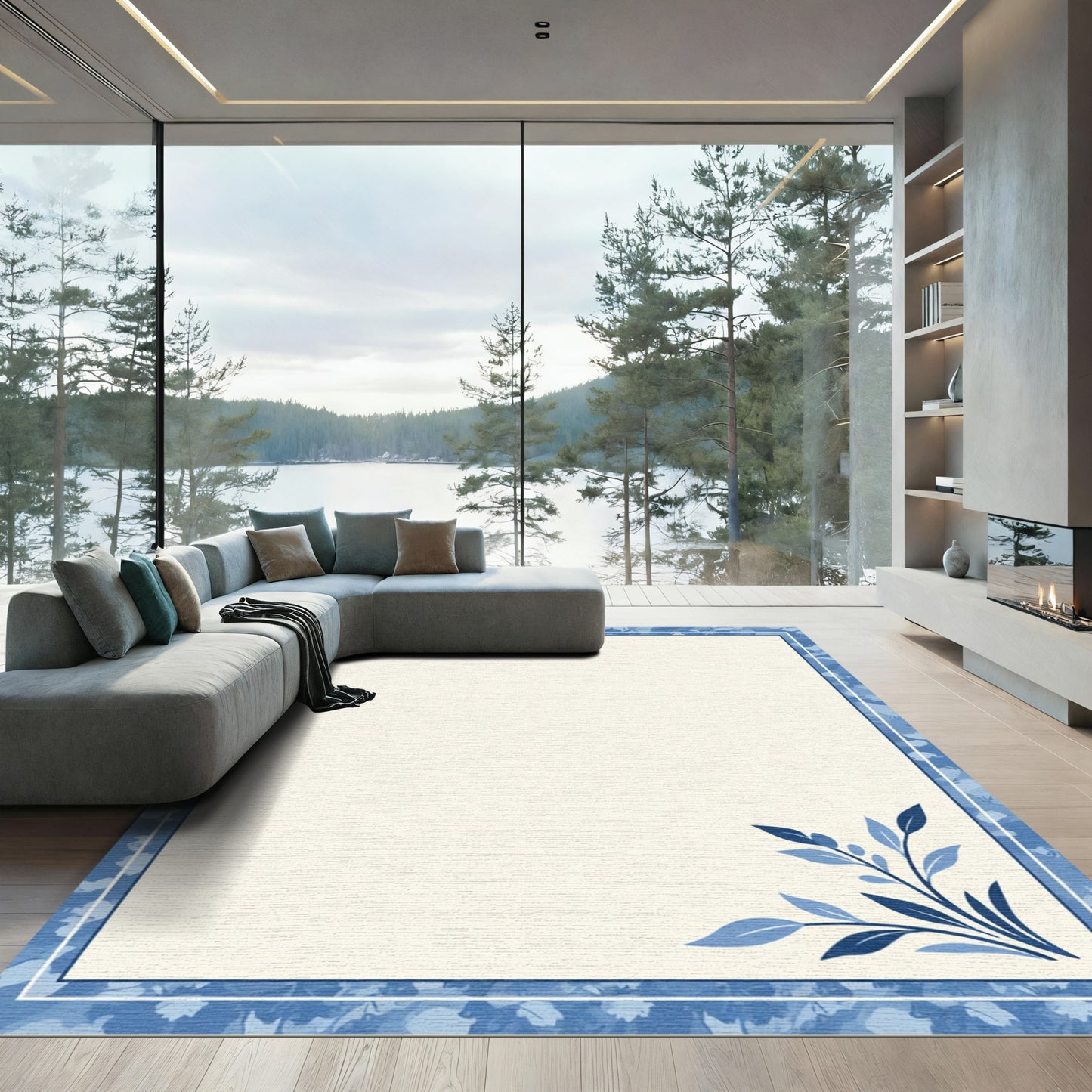 Deep Blue Floral Corner Abstract Rug